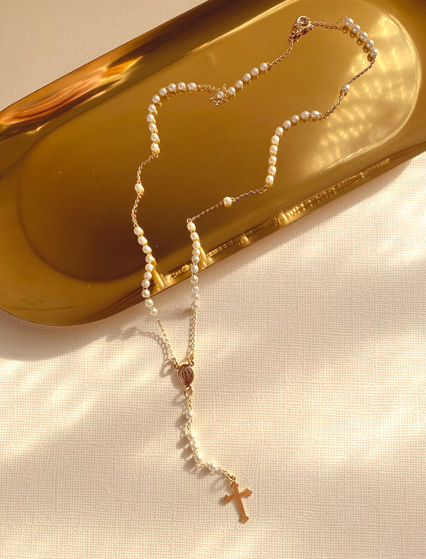 Rosary Pearl Beaded Drop Necklace