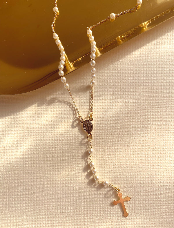 Rosary Pearl Beaded Drop Necklace