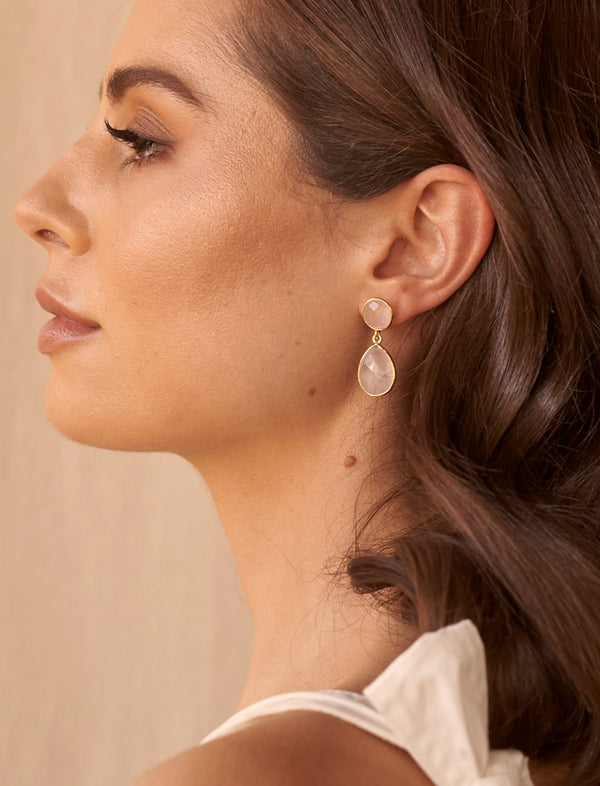 Me Encanta
Anya Gemstone Double Drop Earrings Gold Rose Quartz
