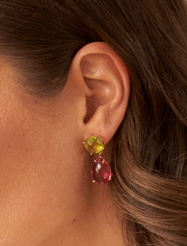 Me Encanta
Anya Gemstone Double Drop Cocktail Earrings Gold Peridot Pink Quartz