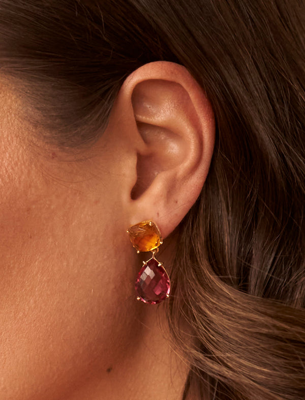 Me Encanta
Anya Gemstone Double Drop Cocktail Earrings Gold Citrine Pink Quartz