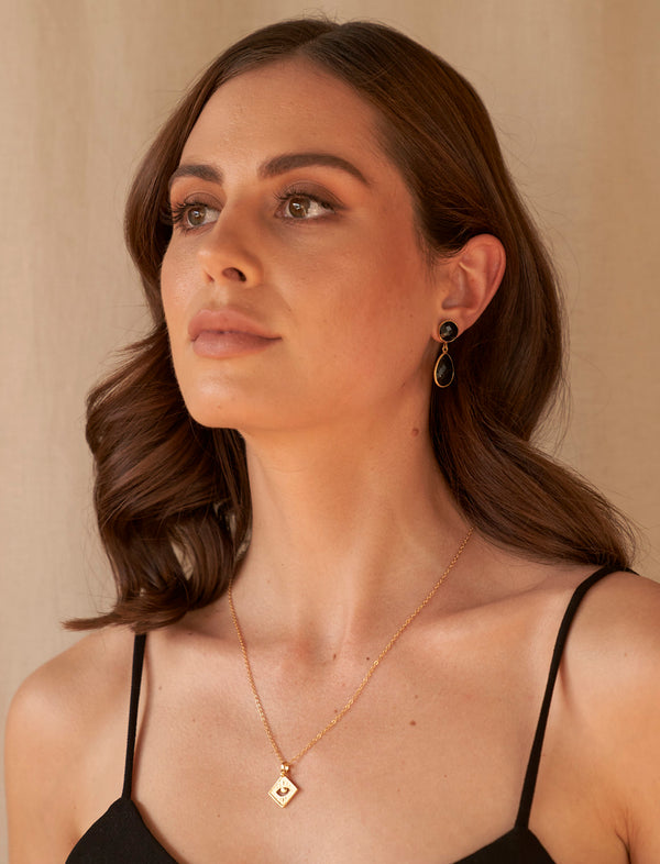 Me Encanta
Anya Gemstone Double Drop Earrings Gold Onyx